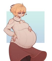 ahoge aqua_eyes arawaffle baby_bump belly belly_bulge big black_leggings blonde_female blonde_hair fiora_(xenoblade) hand_on_belly hand_on_hip hand_on_pregnant_belly leggings pendant pregnancy pregnant pregnant_belly pregnant_female red_skirt simple_background skirt smiling turtleneck turtleneck_sweater xenoblade_(series)