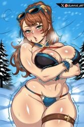 abs arms baddie beatrix_(granblue_fantasy) big_ass big_breasts blannis_art bra brown_hair cold crossed crossed_arms glasses granblue_fantasy green_eyes massive_ass massive_boobs massive_breasts massive_thighs massive_tits mommy muscular_abs muscular_female muscular_thighs only_girl panties sigh snow thick_thighs voluptuous_female winter