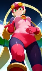 ai_generated bodysuit breasts curvaceous curvy curvy_figure looking_at_viewer looking_down looking_down_at_viewer mega_man mega_man_battle_network netnavi pointing pointing_at_viewer roll.exe skin_tight wide_hips