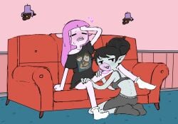 adventure_time baecohn big_breasts black_hair blush bra bubblegum closed_eyes cunnilingus fangs female female_focus female_only grey_body heart looking_at_viewer marceline on_knees open_mouth oral pink_body pink_hair princess_bubblegum yuri yuri