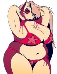 anthro artiah669 belly belly_bulge belly_button big_breasts big_butt bikini bikini_ribbon bikini_strings butt chubby chubby_anthro chubby_female chubby_furry fluffy fluffy_body furry hellhound helluva_boss loona_(helluva_boss) plus_size red_bra red_panties thick_ass thick_thighs wolf wolf_ears wolf_girl