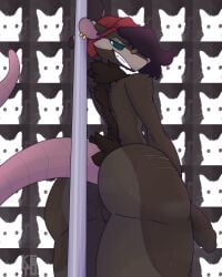 absurd_res american_opossum anthro ass band-aid band-aid_on_face band-aid_on_nose bandage bandage_on_face bandage_on_nose big_butt big_penis blue_eyes brown_body brown_fur erection femboy fur genitals hairless_tail hi_res ketofur looking_back male mammal marsupial penis pole rat_tail shenard_(marufox) solo stripper_pole tail unusual_background