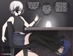 2girls black_clothing black_stockings blue_hair character_request clothed clothed_female drawing drawing_tablet drinking_sweat feet feet feet_focus female female_only foot_fetish foot_lick foot_licking human leash licking licking_feet licking_foot licking_sweat obedient on_leash panting sachifufu shoes_removed sitting skirt slurping smoking smoking_cigarette steam steamy steamy_feet stockings sweat sweating sweaty_feet under_the_table white_hair
