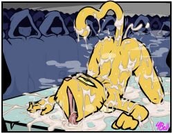 anthro bodily_fluids border breasts clothed clothing cum digital_media_(artwork) erection excessive_cum excessive_genital_fluids felid feline felis female flaccid fourball fur genital_fluids genitals gesture group heart_eyes heart_symbol hi_res katia_managan khajiit lagomorph licking_cum male mammal microsoft nipples nude penis prequel_adventure tail tail_gesture tail_heart the_elder_scrolls white_border yellow_body yellow_fur