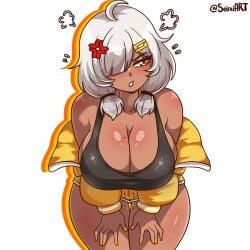 1girls ahoge anger_vein angry annoyed artist_name big_breasts breasts cleavage clothed_female dark-skinned_female hair_over_one_eye jacket mole mole_on_breast mole_on_thigh oc original original_character seireiart solo solo_female tank_top thick_thighs thighs tiana_(seireiart) watermark white_background white_hair yellow_eyes