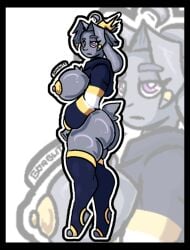 2025 anthro big_ass big_breasts big_butt bunny digital_media_(artwork) eyebrows eyes furry gorgutzartz grey_body grey_hair hoodie hybrid long_ears long_socks lowres pseudoregalia purple_eyes sybil_(pseudoregalia) thick_thighs yellow_horn