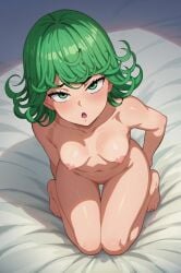 ai_generated bangs blush breasts curly_hair female flipped_hair green_eyes green_hair navel nipples nude one_punch_man open_mouth pussy seiza short_hair sitting small_breasts solo tatsumaki thigh_gap