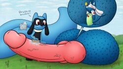 bathing brush bucket furry hyper_balls hyper_genitalia hyper_penis hyper_tail lucardevoir lucario macro nintendo pokemon pokemon_(species) r