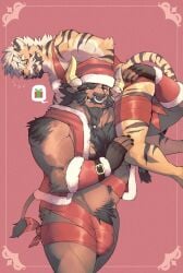 anthro barazoku body_hair bovid bovine bruno_(dannon-5) cattle christmas dannon-5 digital_media_(artwork) dmitri_(dannon-5) duo eye_patch eyewear facial_hair facial_piercing felid feline hi_res holidays horn male mammal mostly_nude muscular muscular_anthro muscular_male nose_piercing pantherine pecs piercing ring_piercing smile tiger