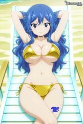 1girls armpits arms_behind_head beach big_breasts bikini blue_eyes blue_hair busty cleavage crossed_legs fairy_tail female female_only gold_bikini hi_res juvia_lockser large_breasts legs long_hair looking_at_viewer lying navel sensual sexy sexy_armpits sexy_pose smile solo tattoo thighs voluptuous