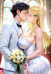 ai_generated big_ass big_breasts blonde_female blonde_hair blonde_hair blonde_hair_female bride hidaka_koharu high_score_girl huge_ass huge_breasts kissing thick_thighs thighs wedding wedding_dress