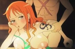 areola areolae arm_tattoo big_breasts bikini_top blue_tattoo blush female from_behind huge_breasts kokoborohen male male/female monkey_d_luffy nami_(one_piece) nipples one_piece orange_hair orange_hair_female pink_nipples scar sex sex_from_behind tatto