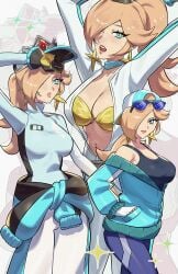 1girls arms_up bikini blonde_hair blue_eyes bodysuit breasts cap cleavage crown earrings gold_bikini hat jacket mario_(series) mario_kart mario_kart_world nintendo pants ponytail princess_rosalina ryaiart skin_tight sunglasses sweat tank_top tight_clothing underwear unzipped unzipped_bodysuit visor_cap