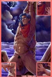 black_hair boat brown_skin censored censored_penis hades_(game) hades_2 lightning lightning_bolt male male_focus male_only muscular muscular_male ocean odysseus odysseus_(hades) red_cloak sea ship siren sirens solo_male thunder tickle_fetish tickle_torture tickling tied_up