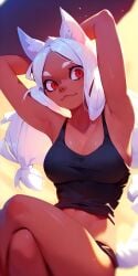 1girls ai_generated armpits arms_up beach big_breasts breasts cerberus_(helltaker) cleavage clothing demon demon_girl dog_ears dog_girl female female_only helltaker long_hair lying outdoors red_eyes solo tank_top white_hair