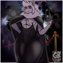 alcohol anthro bat beverage body_outline border breasts bulge camera_flash champagne champagne_glass clothing container cup dress drinking_glass fur furry futanari glass glass_container glass_cup grey_body hair hi_res intersex jamie_(terryeternity) makeup mammal neck_tuft nipple_piercing nipples paparazzi piercing pupils purple_eyes slit_pupils small_breasts terryeternity translucent translucent_clothing tuft white_body white_border white_fur white_hair