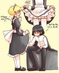 crossdressing lifting_skirt limbus_company maid_uniform project_moon revannman ryoshu_(limbus_company) ryoshu_how_the_hell_did_you_lose_a_dominating_clash_i_hate_you_sm sinclair_(limbus_company) tagme
