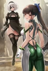 2b_(nier:automata) 2girls ai_generated android ass bare_shoulders blindfold blush bodysuit boots breasts brown_eyes brown_hair crossover dress eve_(stellar_blade) female fingerless_gloves from_behind gloves goddess_of_victory:_nikke hair_ornament hairband highres leotard long_hair looking_at_viewer looking_back medium_breasts multiple_crossover multiple_girls nier:automata nier_(series) open_mouth ponytail senngokuotome short_dress short_hair sideboob smile thick_thighs thigh_boots thighhighs thighs very_long_hair white_hair