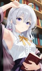 1girls absurdres ahoge armpits black_jacket book bookshelf bow bowtie braid breasts center_frills collared_shirt commentary crossed_bangs dress_shirt elaina_(majo_no_tabitabi) english_commentary frills hair_between_eyes hair_tubes hairbow high-waist_skirt highres holding holding_book indoors jacket lewd_chan light_blush long_bangs long_hair long_sleeves looking_at_viewer majo_no_tabitabi parted_lips pink_bow pleated_skirt purple_eyes purple_skirt shirt side_braid single_braid single_hair_tube skirt sleeveless sleeveless_shirt small_breasts solo standing steam steaming_body straight_hair sweaty_armpits upper_body variant_set white_hair white_shirt wide_sleeves wispy_bangs yellow_bow yellow_bowtie