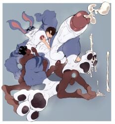4boys age_difference ahegao_face anal anthro armpits balls black_hair blue_body bunnymund closed-eyes cum cum_on_feet cum_on_self cumming dark_skinned_male dreamworks dreamworks_animation easter_bunny eggs_in_ass feet feet_on_back fingering_partner gay gay_sex human human_on_anthro hyper_penis insaneeighteen leather_clothing licking_armpit light_skinned_male muscular_male nipples orgasm paws rabbit rise_of_the_guardians saliva size_difference soles sucking_nipples tatoos teen_boy teenager twins_(lore) white_body
