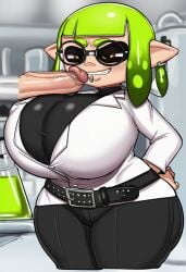 ai_generated ass booty breasts cammie_(lubbasdump) cleavage female gigantic_ass gigantic_breasts girl glasses green_hair huge_ass huge_breasts inkling_girl lab_coat laboratory lubbasdump penis piercing piercings splatoon wide_hips