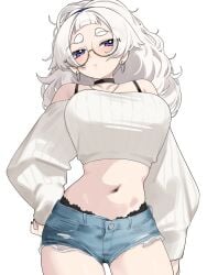 1girls bare_shoulders black_choker blue_shorts bra_strap breasts choker cowboy_shot crop_top cropped_sweater cutoffs denim denim_shorts earrings glasses hand_on_own_hip highres hoop_earrings jewelry lace_trim large_breasts long_hair long_sleeves looking_at_viewer meg_(wakamepiza) midriff navel necklace off-shoulder_sweater off_shoulder original purple_eyes ribbed_sweater round_eyewear short_shorts shorts simple_background solo stomach sweater thick_eyebrows wakamepiza white_background white_hair white_sweater