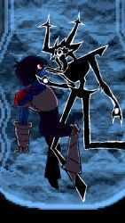1boy 1girls antlers deltarune eye_in_mouth i_fucking_hate_this_fight_dude kissing kris_(deltarune) long_tongue reverse_rape the_knight_(deltarune) the_roaring_knight thin tongue