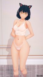 1girls arrancon bathroom black_hair black_hair_female blake_belladonna cat_ears faunus half-dressed half_naked half_naked_female hands_behind_back rwby scar scar_on_stomach see-through see-through_clothing see-through_panties yellow_eyes