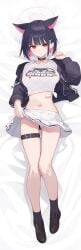 absurdres animal_ears animal_print bar_censor bed_sheet belt black_belt black_choker black_hair black_hoodie black_shoes black_socks blue_archive blush breasts cat_ears cat_print censored choker closed_mouth clothing_aside collarbone colored_inner_hair dakimakura_(medium) ear_piercing earrings extra_ears female full_body hair_behind_ear hair_ornament hairclip halo highres hood hoodie jewelry kazusa_(band)_(blue_archive) kazusa_(blue_archive) large_breasts long_sleeves looking_at_viewer lying medium_hair multicolored_hair navel on_back open_clothes open_hoodie panties panties_aside piercing pink_eyes pink_hair pink_halo pipipipyu pleated_skirt shirt shoes skirt socks solo stomach stud_earrings thigh_belt thigh_strap thighs tied_shirt two-tone_hair underwear white_panties white_shirt white_skirt