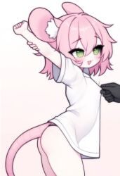 ai_generated anthro blush furry fuzzle fuzzleedits_(artist) green_eyes mouse mouse_ears mouse_tail nipple_pinch oversized_clothes pink_hair short_hair small_breasts stretching young
