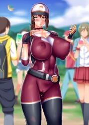 1girls areolae ass ass_visible_through_thighs backpack bag belt belt_buckle big_ass big_breasts blush body_paint bodypaint breasts brown_hair completely_nude completely_nude_female exhibitionism false_clothes female female_focus female_protagonist_(pokemon_go) gloves green_eyes handwear hat horny horny_female large_breasts looking_at_viewer navel nintendo nipples nude nude_female outdoors painted_clothes pokemon pokemon_go ponytail public public_exposure public_nudity pussy pussy_juice smartphone smile standing sweat text thick_thighs thighs wet
