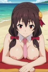 ai_generated beach between_breasts blush breasts brown_hair closed_mouth day eyebrows_visible_through_hair female hair_ornament hairbow large_breasts long_hair necktie necktie_between_breasts nipples ocean outdoors red_eyes smile solo
