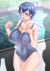 1girls areolae ass ass_visible_through_thighs big_ass big_breasts blue_eyes blue_hair blush blushing_female body_paint bodypaint breasts completely_nude completely_nude_female embarrassed exhibitionism false_clothes female female_focus huge_breasts matching_hair/eyes navel nipples nude nude_female painted_clothes persona persona_4 pool public public_exposure public_nudity pussy shibuki_ese shirogane_naoto short_hair standing surrounded_by_men sweat sweating sweaty_body swimsuit thick_thighs thighhighs thighs water wet