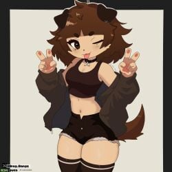 ai_assisted anthro brown_eyes brown_fur canine canine clothed female female_only furry_breasts furry_female furry_only gusa jacket mimi_(typh) no_background paws peace_sign questionable shorts small_breasts smile stockings thick_thighs thighhighs thighs typh white_background