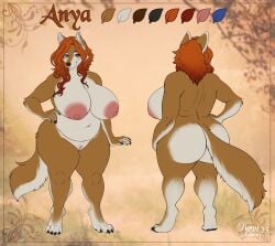 2025 anthro anya_(baconbare) areola ass big_areola big_breasts big_butt blue_eyes blush breasts brown_body brown_fur brown_nose canid canine cheek_tuft closed_smile dated eyelashes facial_tuft female front_view fur hair hand_on_hip huge_breasts humanoid_vulva long_hair mammal model_sheet mouth_closed nipples nude orange_hair overweight overweight_anthro overweight_female rear_view red_nipples smile solo standing tiggybloom tuft white_body white_fur wide_hips