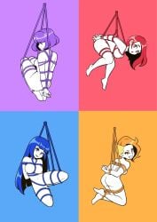 4girls arms_behind_back ass big_breasts blue_background blue_hair bob_cut bondage breasts bunnybones completely_nude_female female female_only human light-skinned_female long_hair looking_at_viewer no_nipples no_visible_genitalia nude nude_female original original_character original_characters pale-skinned_female purple_background purple_hair red_background red_hair rope rope_bondage short_hair simple_coloring undercut wink yellow_background yellow_hair