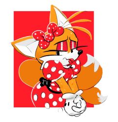 crossdressing dress eyeshadow furry gloves hair_ribbon lipstick male multi_tail nervous noofooba red_dress sega sonic_(series) tails_the_fox