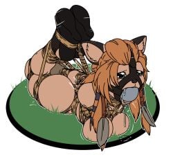 1girls animal_ears ball_gag bondage bound bound_hands drool drooling female female_only femsub gag gagged harness_gag high_heels hogtie png raver1357 rope wedge_heels