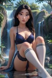 1girls ai_generated arm_support artist_name bare_shoulders black_hair blue_bra blue_panties blurry blurry_background bow bra breasts brown_eyes brown_hair cleavage collarbone day disney disney_princess fa_mulan hi_res kneehighs knees_up lips long_hair looking_at_viewer medium_breasts mulan mulan_(1998_film) no_shoes nose outdoors panties parted_lips patreon_username r34arts sitting skirt socks solo underwear water waterfall watermark web_address white_socks