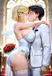 ai_generated big_ass big_breasts blonde_female blonde_hair blonde_hair blonde_hair_female bride hidaka_koharu high_score_girl huge_ass huge_breasts kissing thick_thighs thighs wedding wedding_dress