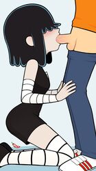 1boy 1girls arm_socks black_hair blowjob blue_jeans blush brother_and_sister faceless_male fully_clothed goth goth_girl hair_over_eyes hairless_balls hands_on_knees hetero_sex heterosexual incest kneeling lincoln_loud lucy_loud nickelodeon older_brother older_brother_and_younger_sister oral orange_shirt plain_background saliva_on_penis shoulder_length_hair shoulders spicy_nsfw straight straight_hair teen teenager the_loud_house thigh_highs