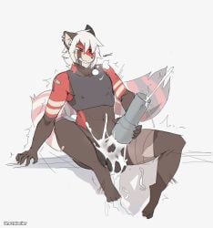 2018 3_toes 5_fingers absurd_res ailurid anthro balls barefoot big_penis biped black_balls black_body black_clothing black_fur black_penis black_shirt black_tail black_topwear bodily_fluids bottomless bouncing_balls clenched_teeth closed_eyes clothed clothing crop_top cum cumshot digital_drawing_(artwork) digital_media_(artwork) ear_piercing ejaculation english_description erection excessive_cum excessive_genital_fluids feet fingers front_view fur genital_fluids genitals hair hi_res holding_object holding_penetrable_sex_toy holding_sex_toy huge_cock leg_wraps long_tail male male_penetrating mammal markings masturbation multicolored_body multicolored_fur multicolored_tail nike notglacier orgasm penetrable_sex_toy penetration penile penile_masturbation penis piercing red_body red_fur red_panda red_tail ring_(marking) ringed_tail sex_toy shirt short_hair simple_background sinclair_(notglacier) sitting solo striped_markings striped_tail stripes tail tail_markings teeth toes topwear toying_self white_background white_body white_fur white_hair white_tail wraps