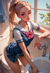 ai_generated bathroom blonde_female cute_face original_character pretty_girl school_uniform sexy_body shaved_pussy skirt_lift wants_to_be_fucked winking_at_viewer