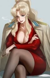 1girls balalaika big_breasts black_lagoon blonde_female blonde_hair burn_scar burns busty cigarette cleavage clothed crossed_legs female female_only huge_breasts kirani large_breasts legs_crossed milf mostly mostly_clothed pantyhose russian russian_female russian_girl scarred scarred_body scarred_face scars smoke smoke_from_mouth tagme thick thick_thighs thighs