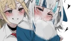 blonde_hair blue_hair blush blush carrot_011 drool_on_face drool_string eyes_rolling_back gawr_gura hololive hololive_english multicolored_hair shark_girl smiling smirking vtuber watson_amelia yellow_hair yuri yuri