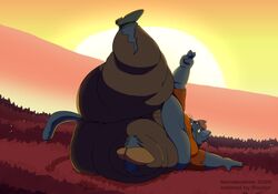 1girls bbw belly black_pants blue_body blue_fur cat_ears cat_tail catgirl fat_ass fat_butt fennekoshee furry huge_ass huge_belly huge_butt laying_down laying_on_back lying_down lying_on_back lying_on_floor lying_on_ground mae_(nitw) mae_borowski night_in_the_woods obese orange_shirt overflow overweight overweight_anthro overweight_female ripped_clothing ripped_shirt rovdyr ssbbw sunset