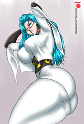 big_ass big_breasts big_butt blue_hair busty clothed clothing curvy curvy_figure female female_focus female_only green_eyes lipstick long_hair looking_at_viewer nexus-sig one-punch_man psykos solo solo_female solo_focus thick_thighs tight_clothing