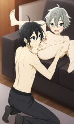 ai_generated gay hori_souta horimiya kneeling licking_penis meme2112 miyamura_izumi oral small_penis spread_legs