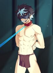 blindfold blindfolded bondage charlemagne_(fate) collar fate/grand_order fate_(series) gag gagged leash male male_focus male_only mrpenguin restrained saliva_trail slave