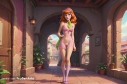 1girls ai_generated artist_name babydoll blue_eyes breasts cartoon_network daphne_blake day female full_body ginger ginger_hair hairband hanna-barbera hi_res kneehighs lingerie lips long_hair looking_at_viewer medium_breasts navel nipples no_panties orange_hair outdoors pink_footwear pink_socks plant potted_plant progenarts purple_eyes pussy scooby-doo see-through socks solo standing uncensored underwear warner_brothers